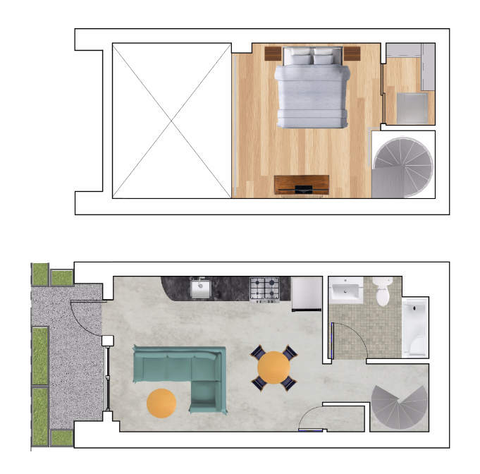 Floor plan for studio, 1 bath, 672 sqft